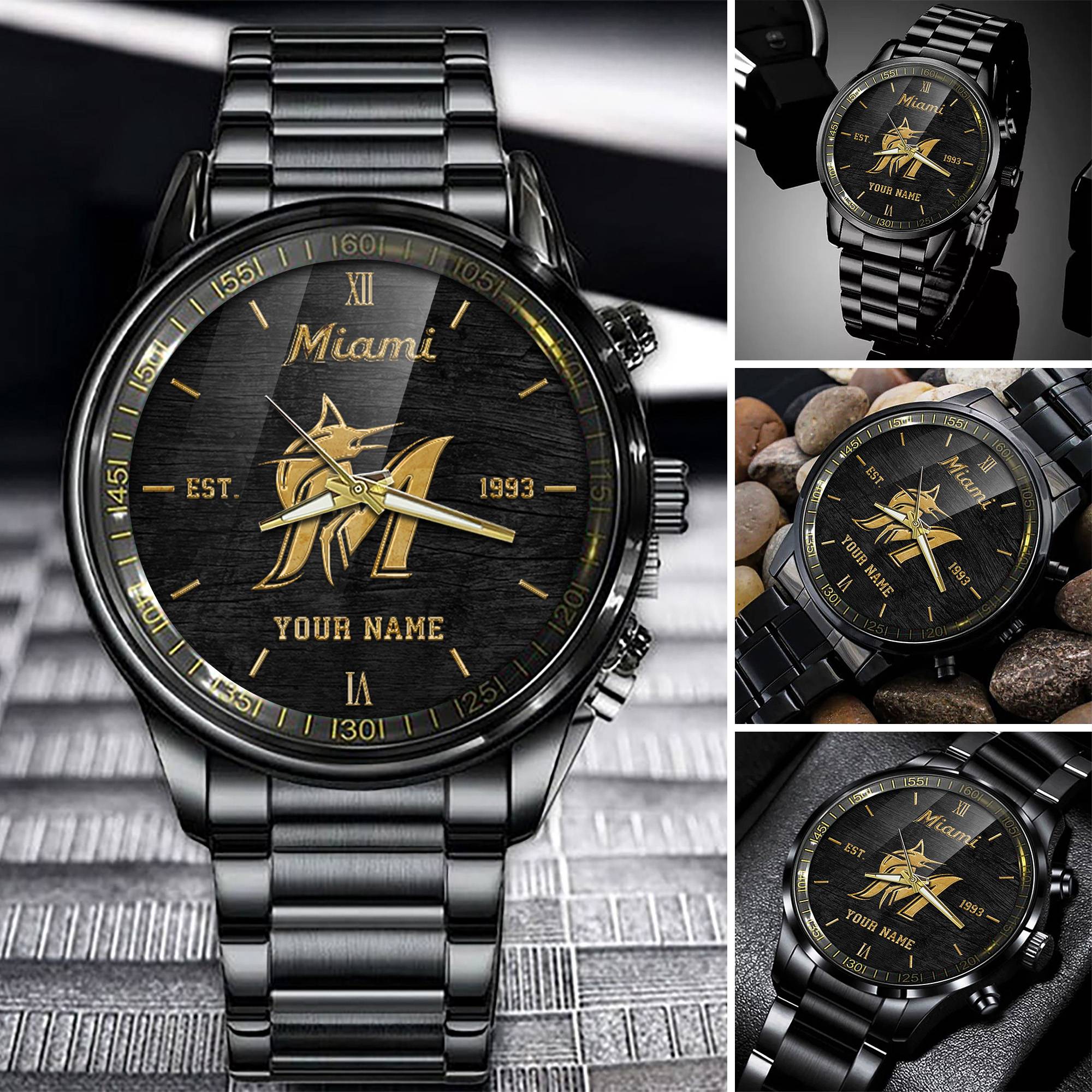 miami marlins mlb black fashion watch custom your name snwty