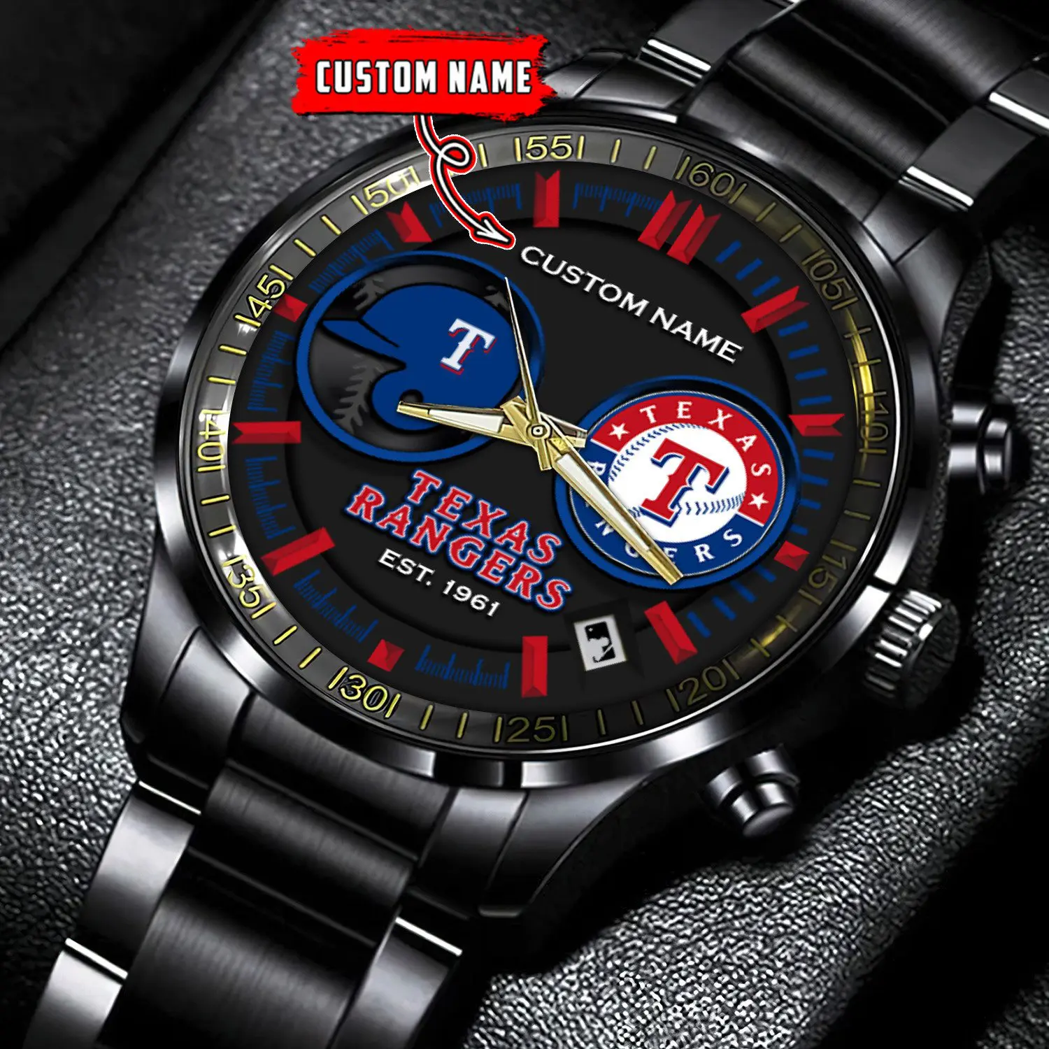 texas rangers mlb personalized black stainless steel watch gifts for fans sfb13