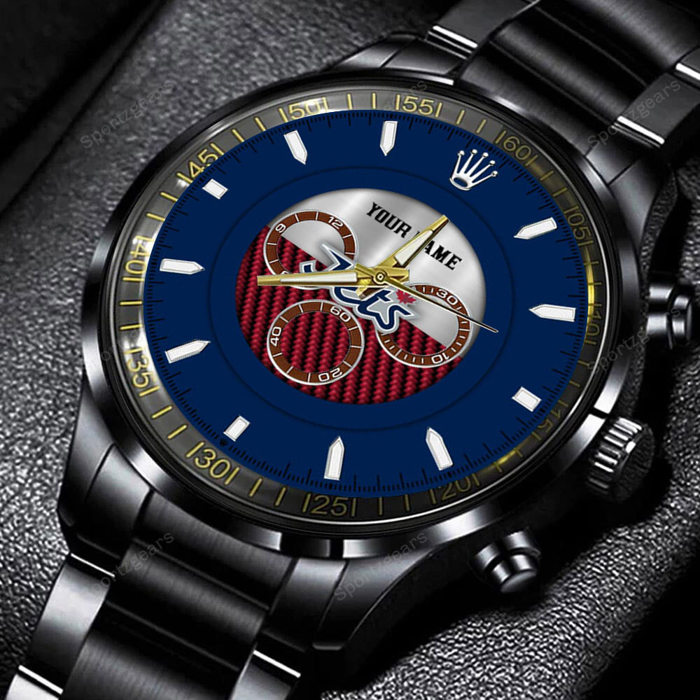 winnipeg jets nhl black stainless steel hand watch custom name qteyx