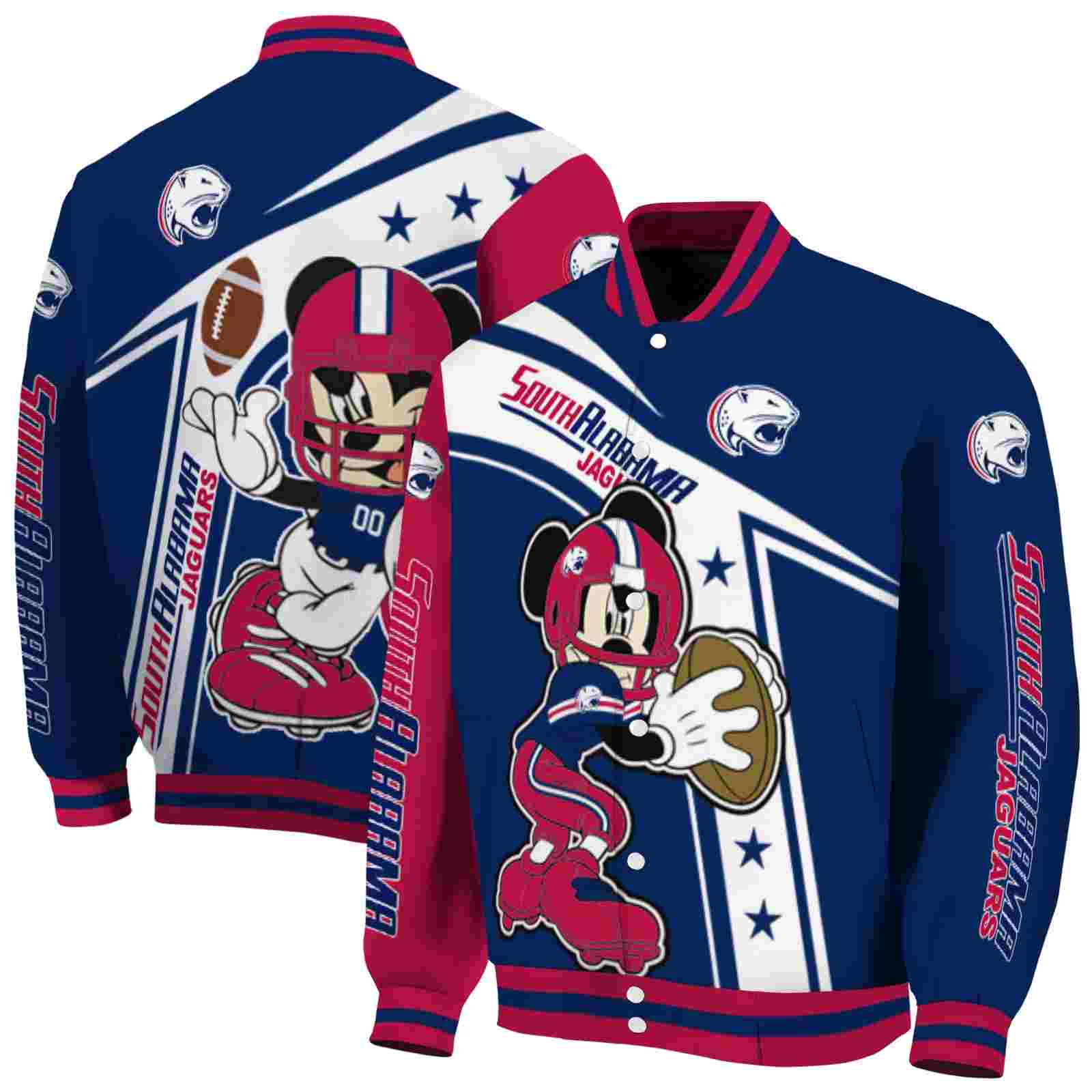 personalized south alabama jaguars mickey football blue white jacket fashion forward