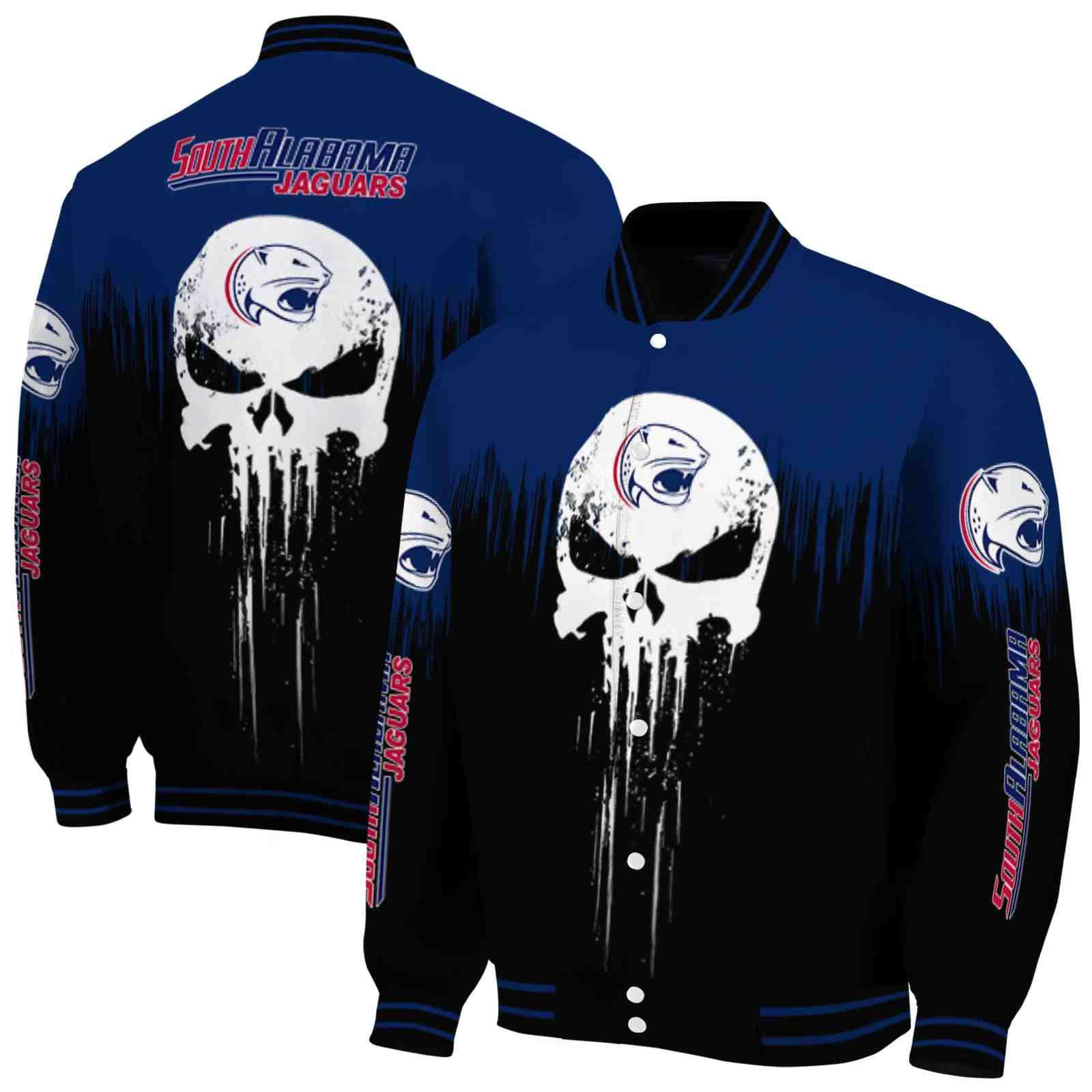south alabama jaguars punisher skull blue black white jacket fashion forward jacketwow